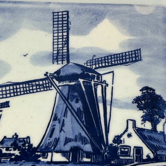 Delft Blue Vintage Dutch Hand Painted Windmill Water 6” Tile Trivet Delftware - Picture 5 of 9
